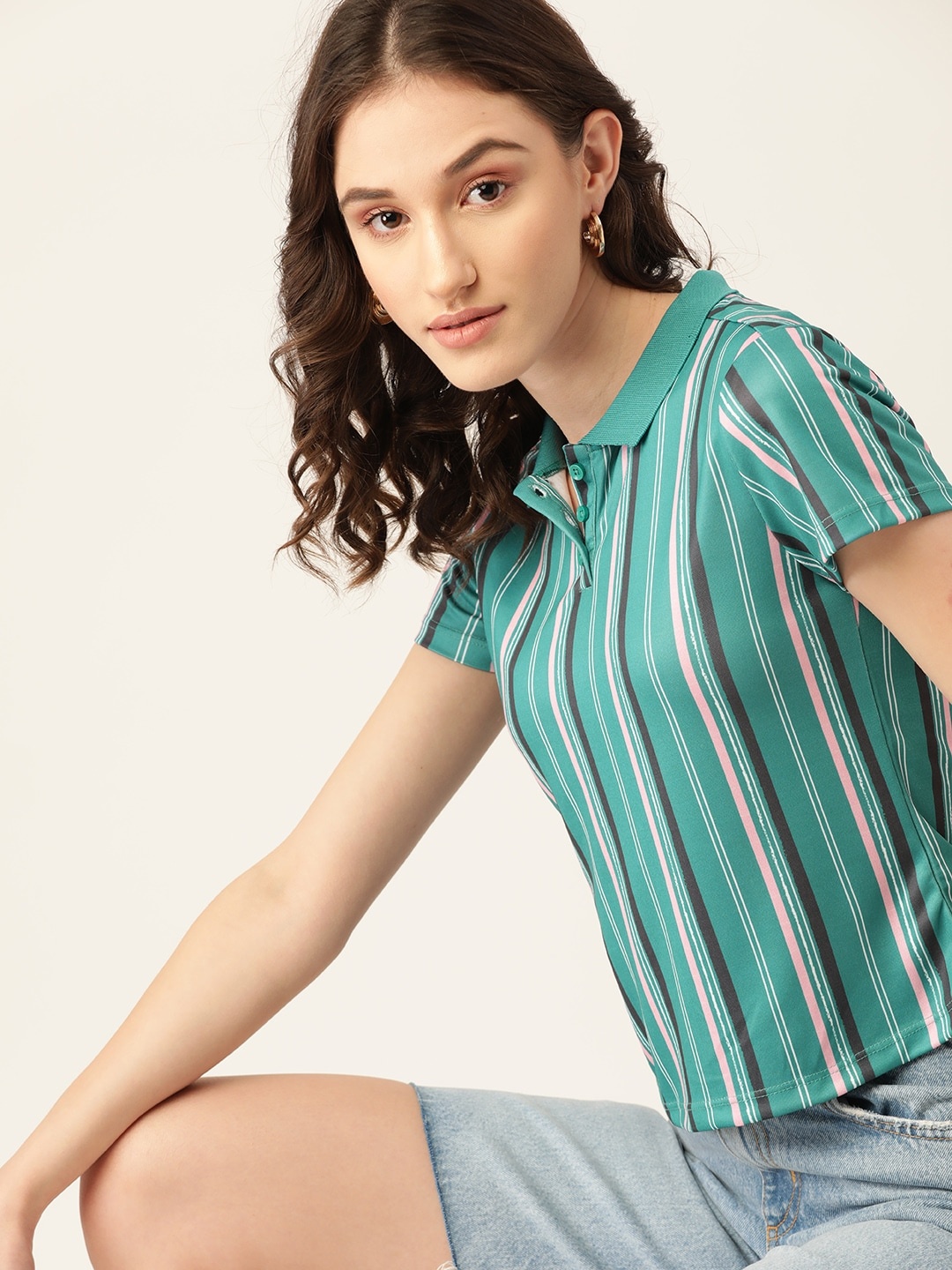 

DressBerry Women Green & Pink Striped Polo Collar T-shirt