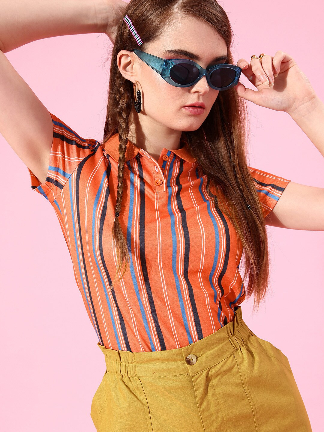 

DressBerry Women Orange Striped Zoom Friendly Collar Tshirt