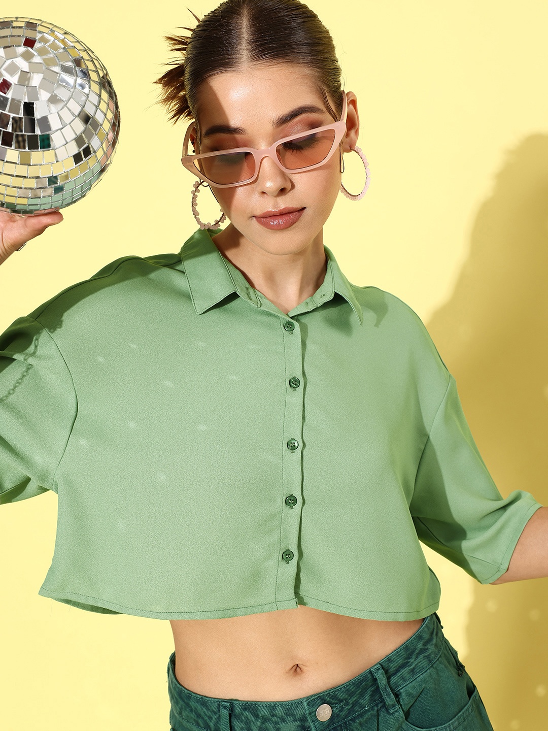

DressBerry Women Sage Green Solid Crop Casual Shirt