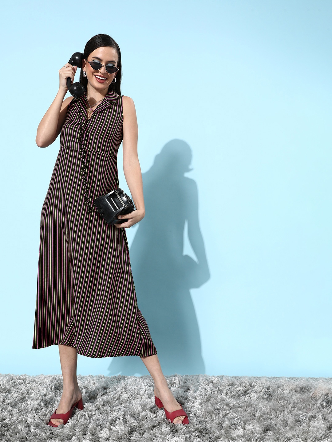 

DressBerry Women Black & Yellow Striped A-Line Midi Dress