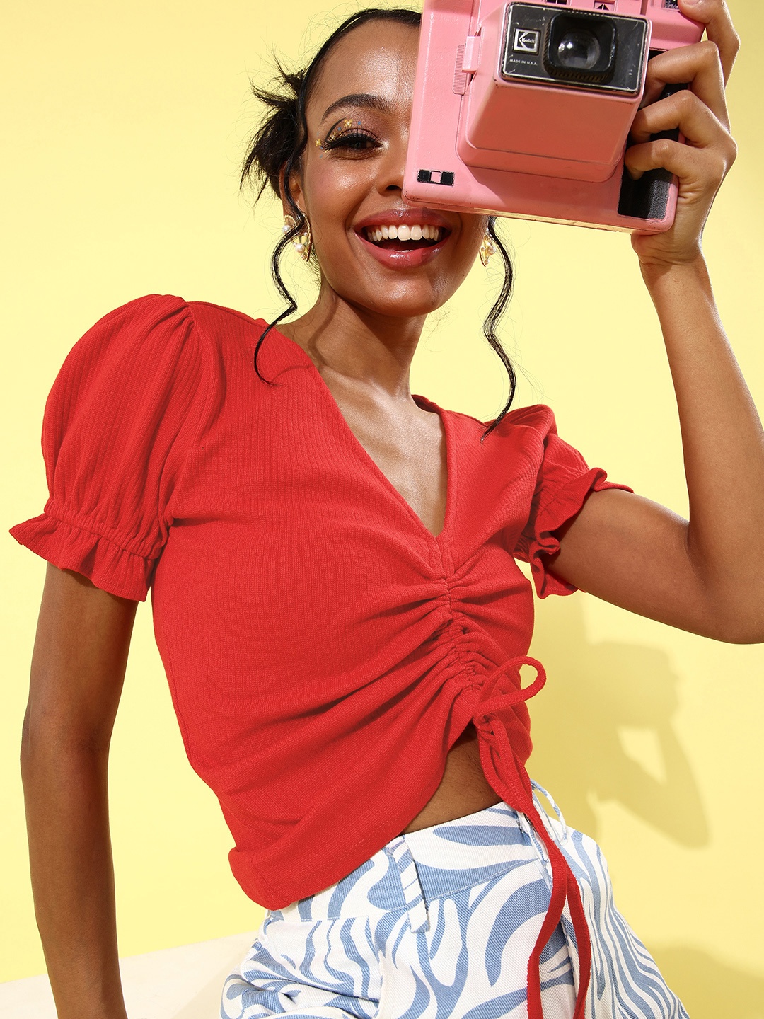 

DressBerry Deep Red Vertical Striped Twist & Knot Top