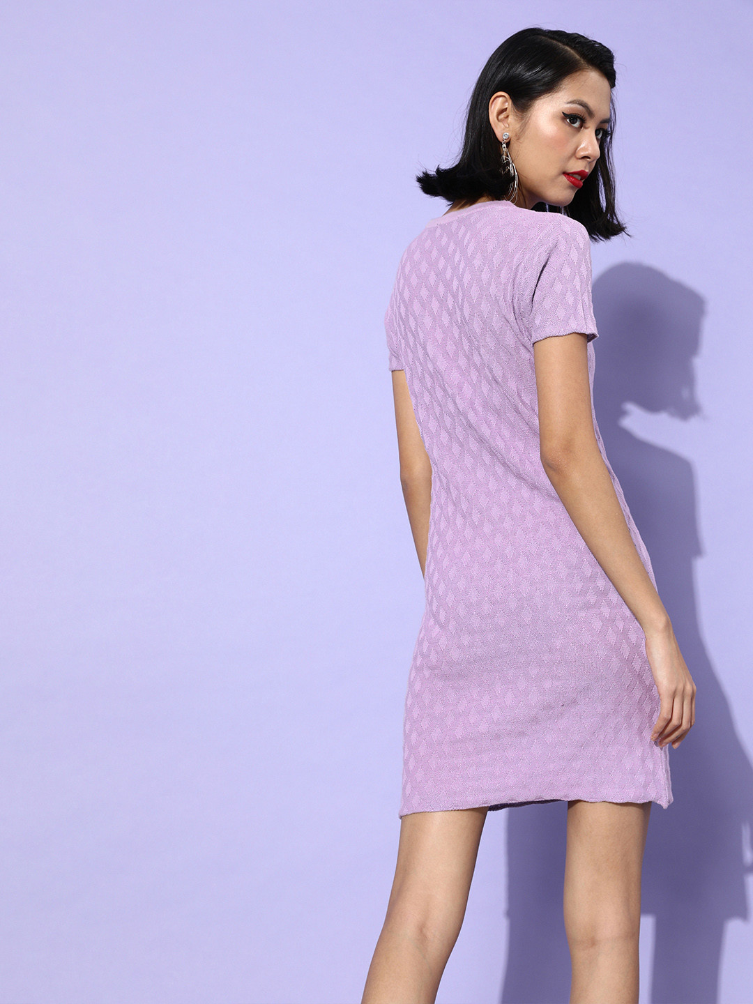 

DressBerry Lavender Geometric Patterned Flat Knit Bodycon Dress, Purple