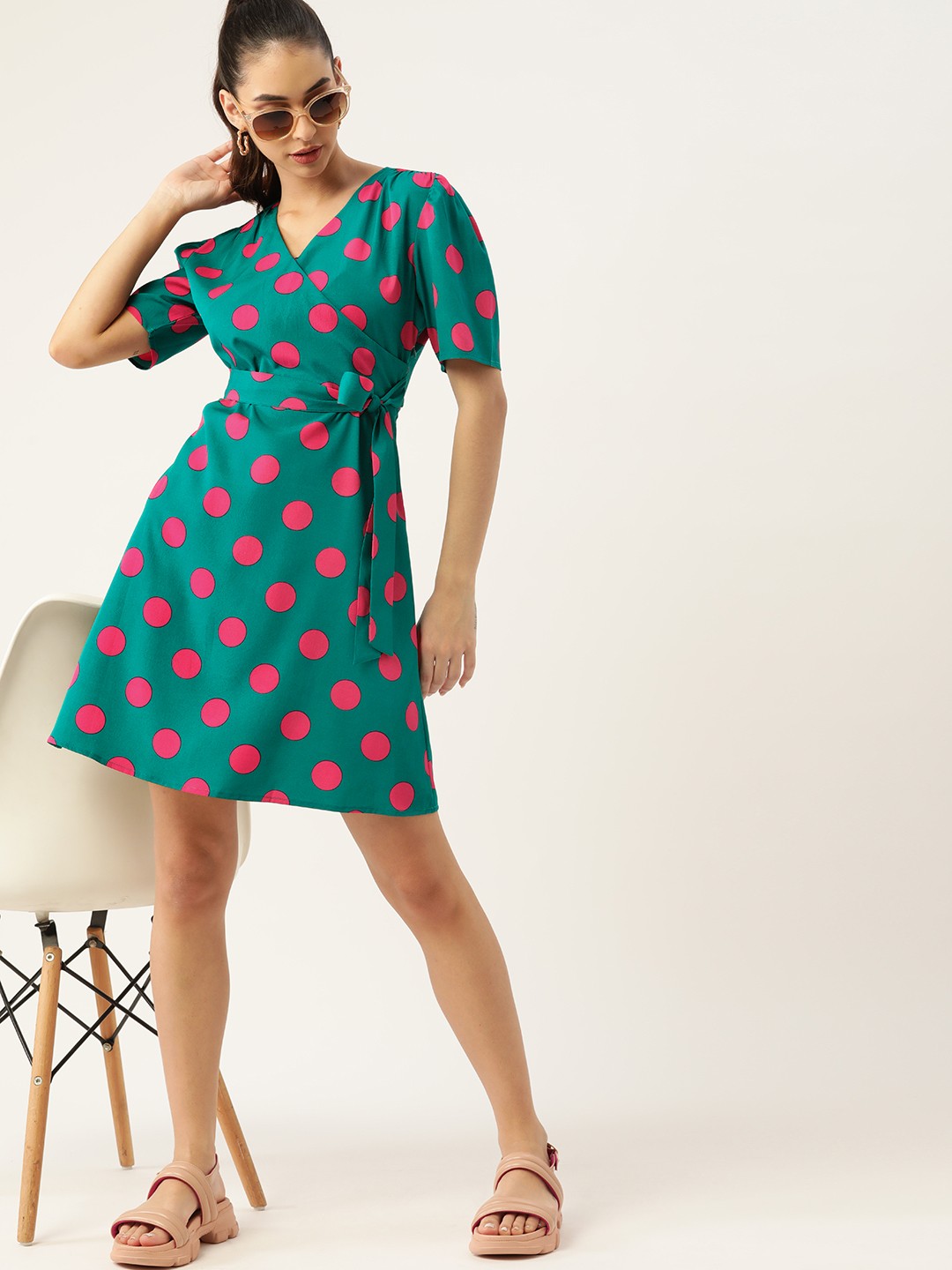 

DressBerry Green & Pink Polka Dot Printed Wrap Dress