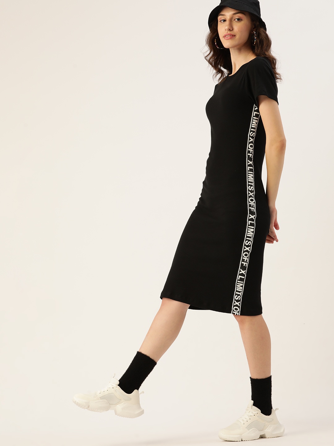 

DressBerry Women Black Ribbed Applique Sheath Midi Dress