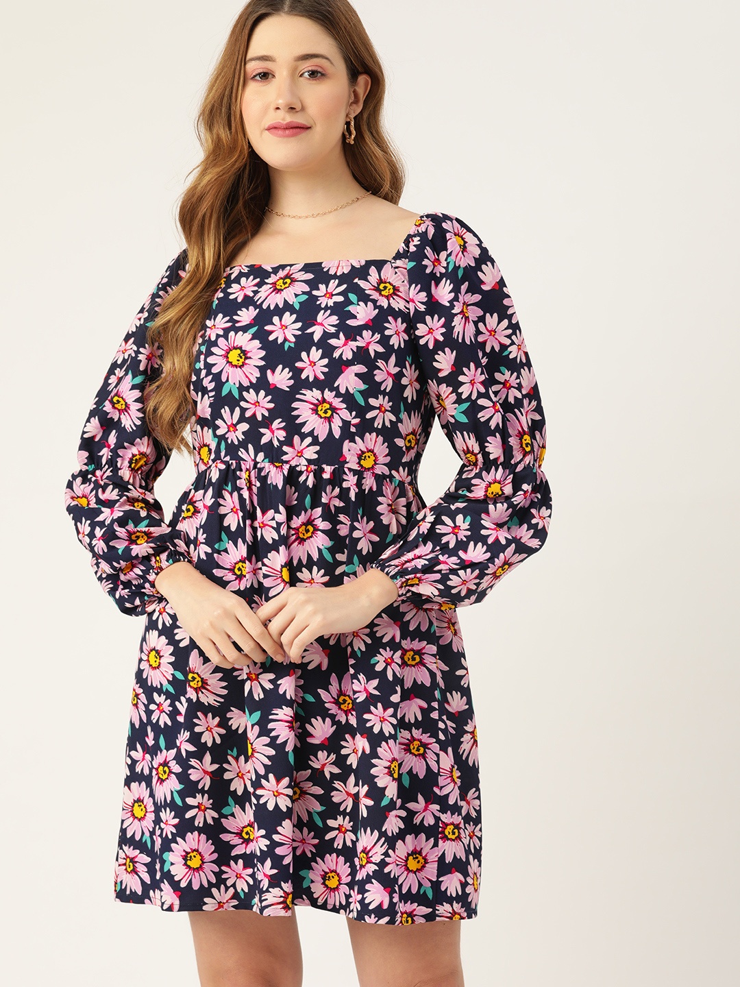 

DressBerry Women Navy Blue & Pink Floral A-Line Dress