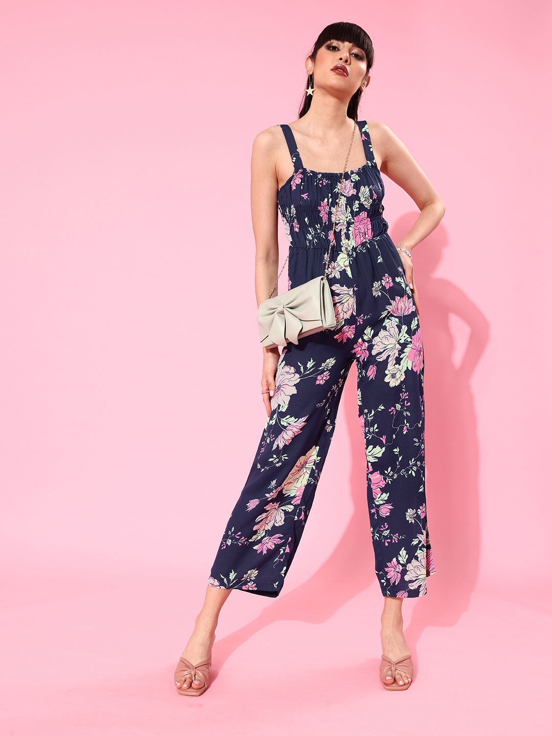 

DressBerry Blue & Pink Printed Square Neck Basic Jumpsuit