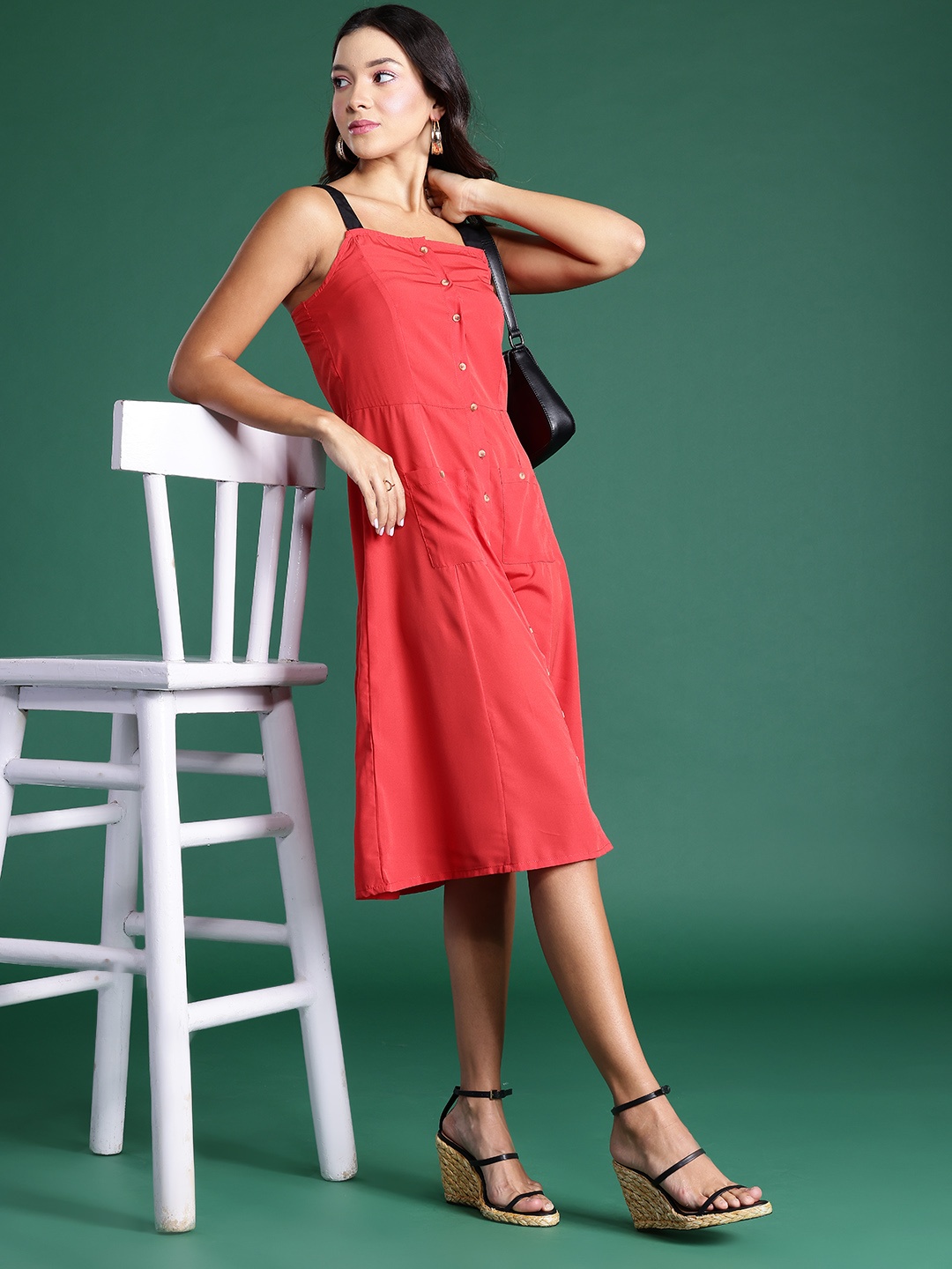 

DressBerry Shoulder Straps Button Down A-Line Midi Dress, Rust