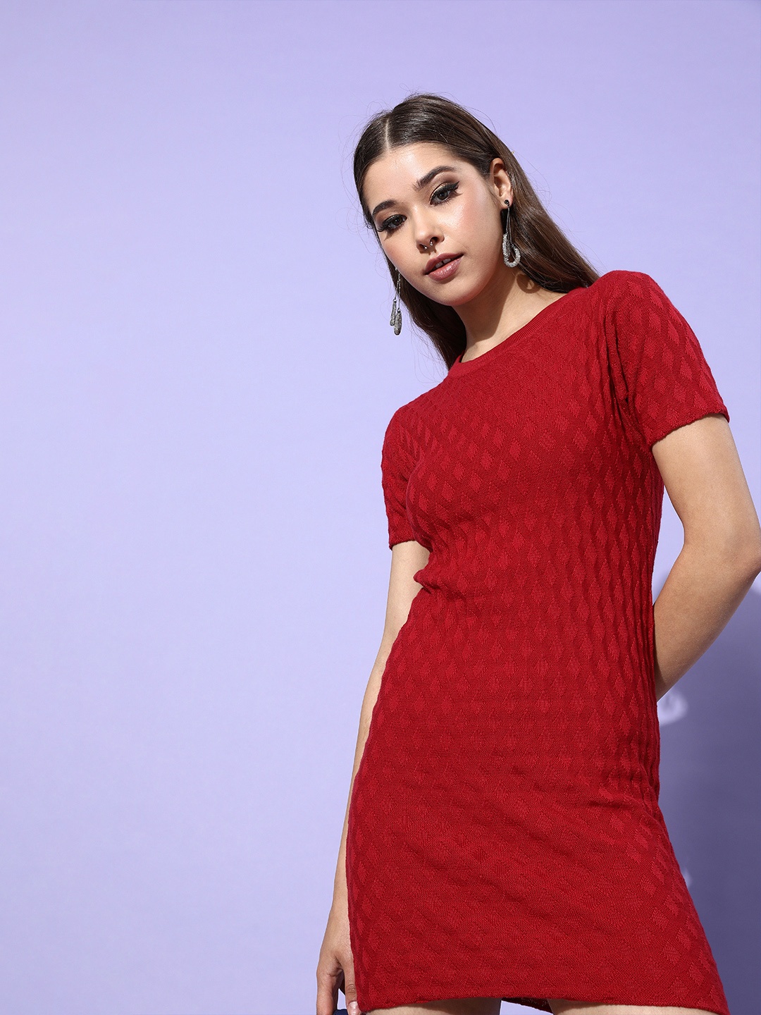 

4WRD by Dressberry Maroon Geometric Printed Casual Bodycon Dress