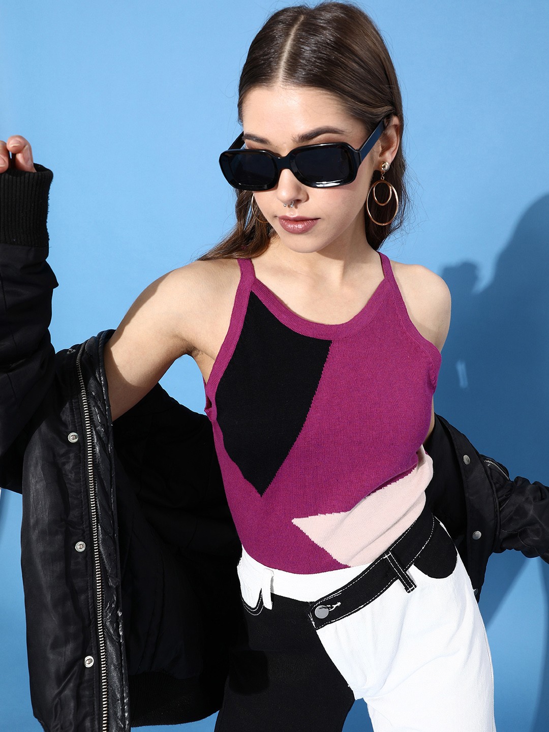 

DressBerry Magenta Pink & Black Colourblocked Top