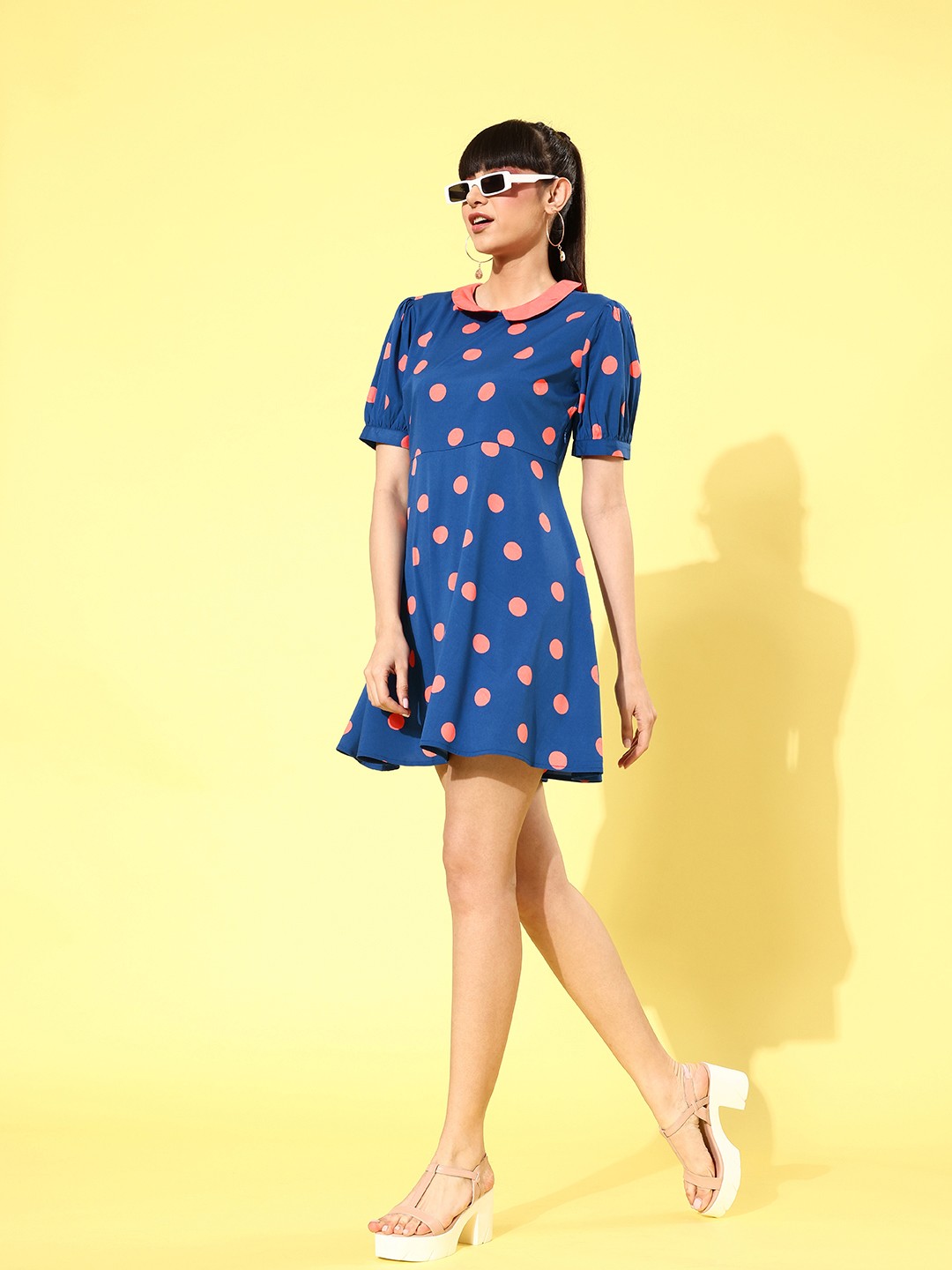 

Dressberry Women Stunning Blue Polka Dotted 70s Mini Dress