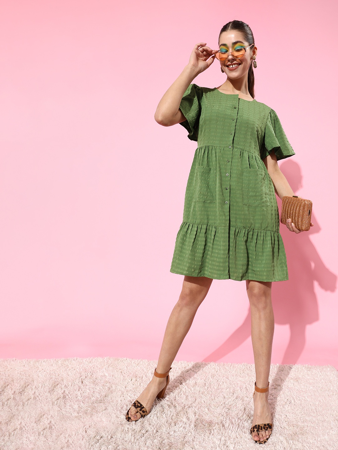 

DressBerry Green Textured A-Line Dress