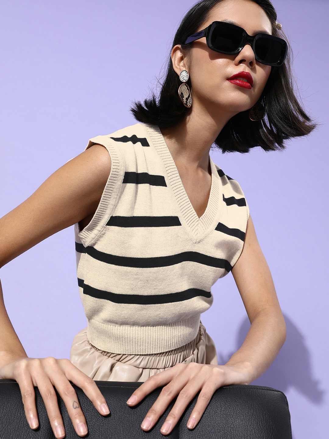

DressBerry Women Classic Off-White Horizontal Stripes Bra Top and Vest