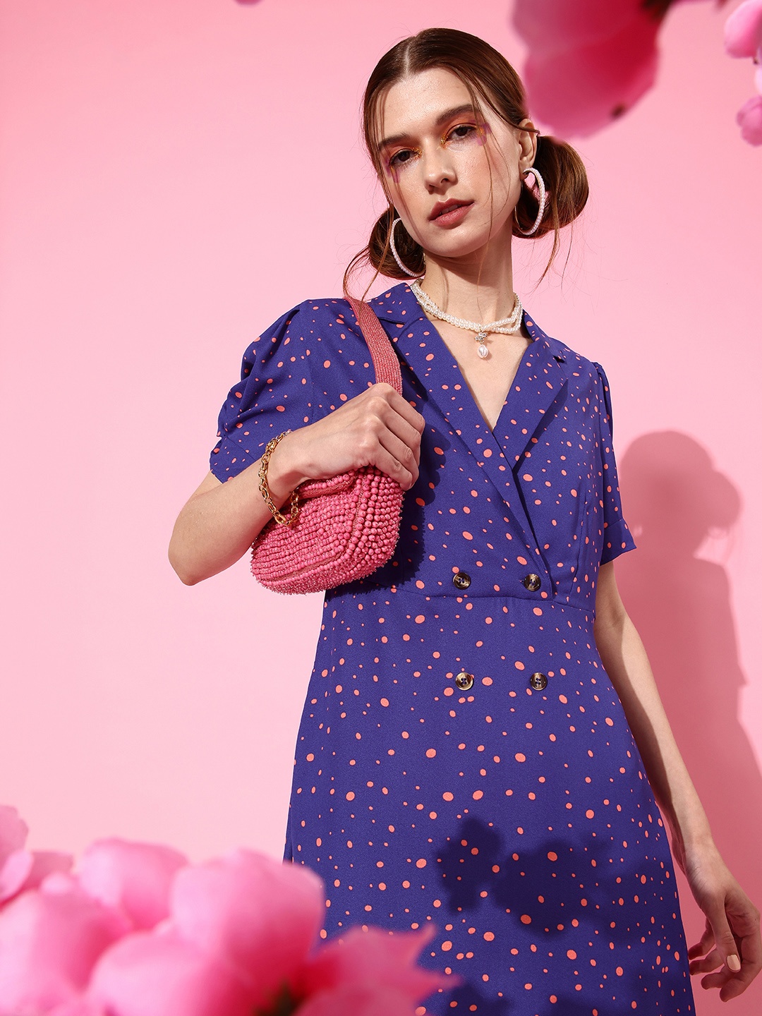 

DressBerry Women Dress Navy Blue Polka Dotted All in the Details Dress