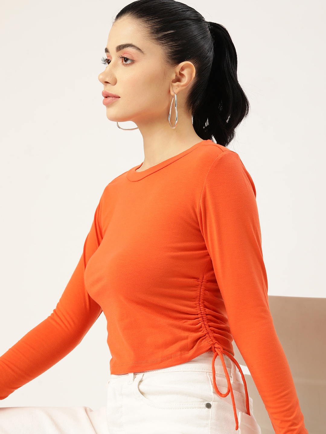 

DressBerry Orange Solid Ruched Fitted Top