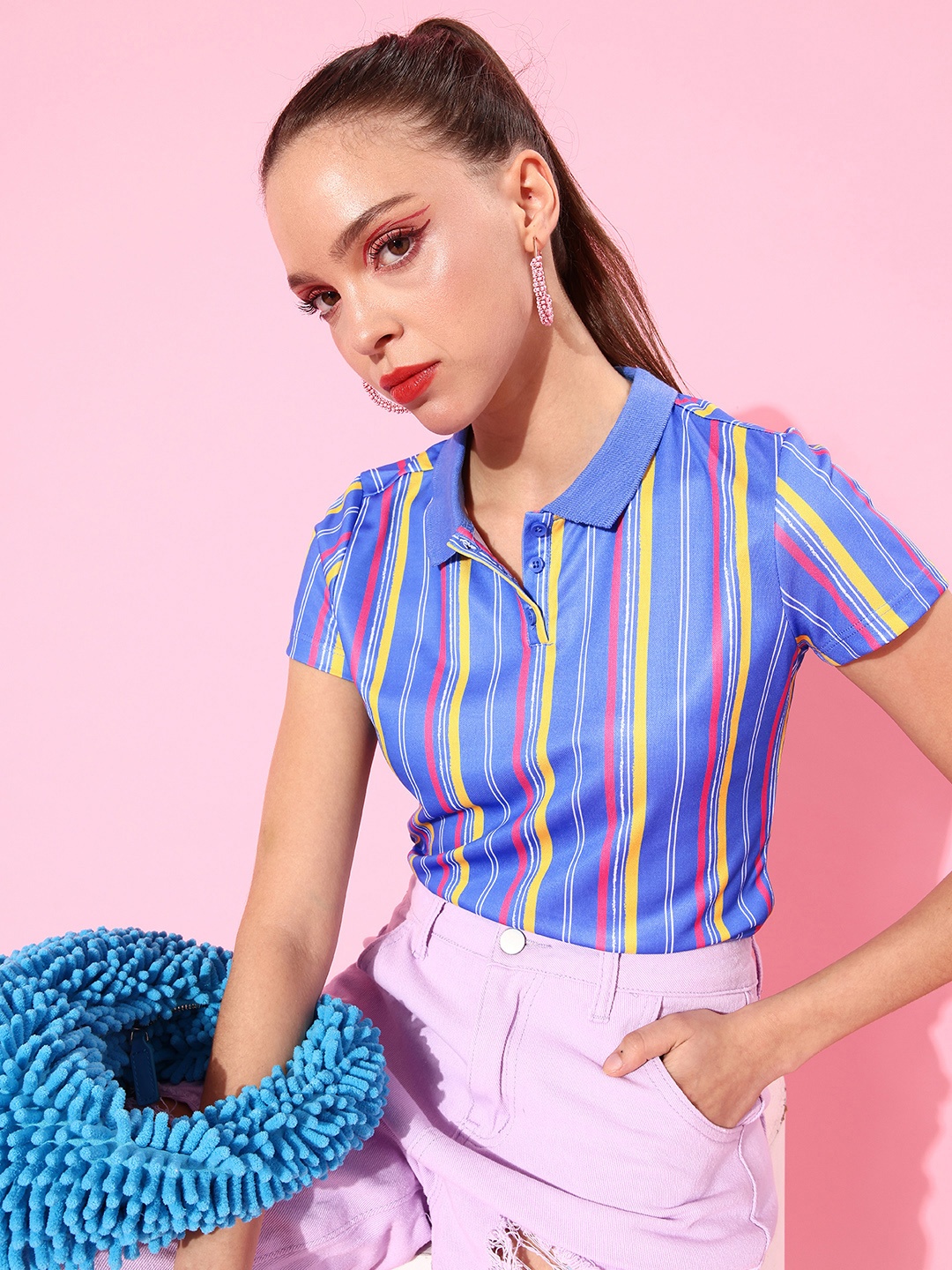 

DressBerry Women Stylish Blue Striped Zoom Friendly Collar Tshirt
