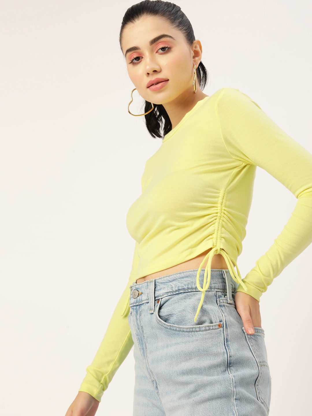 

Dressberry Lime Green Solid Ruched Fitted Top