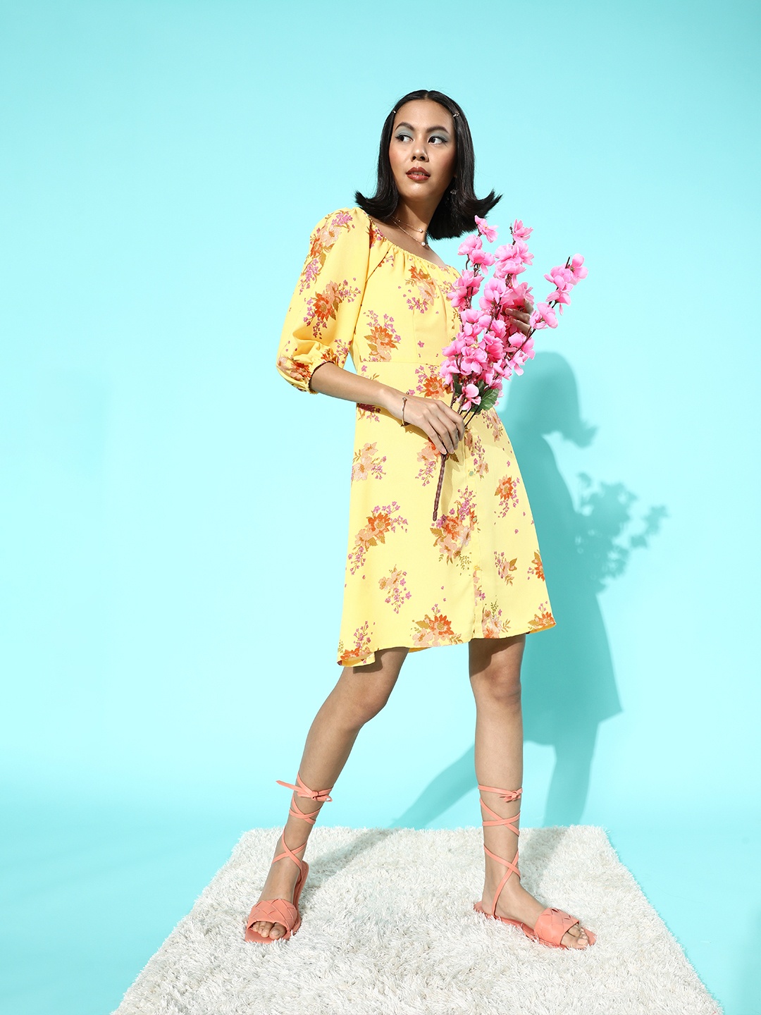 

DressBerry Women Bright Yellow Floral Sun Dress