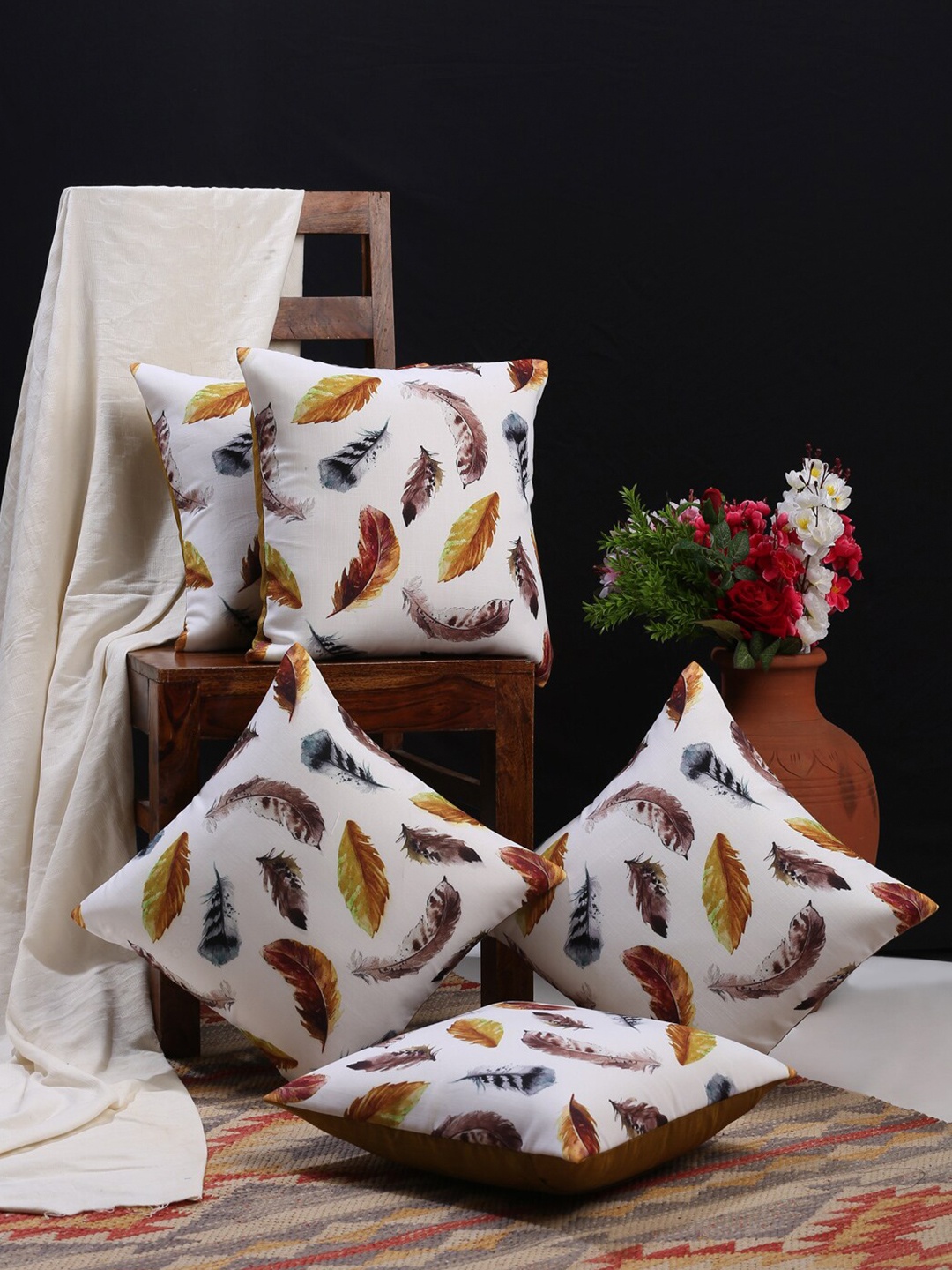 

HOSTA HOMES Set Of 5 Multicoloured Feather Printed Cotton Square Cushion Covers, Multi