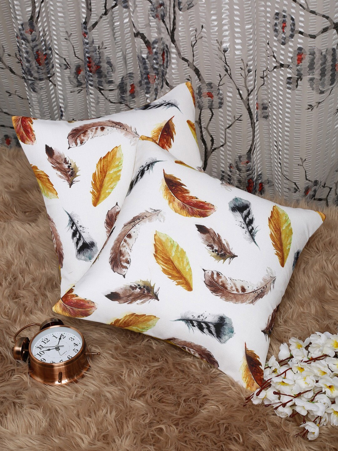 

HOSTA HOMES Olive Green & White Set of 2 Geometric Square Cushion Covers