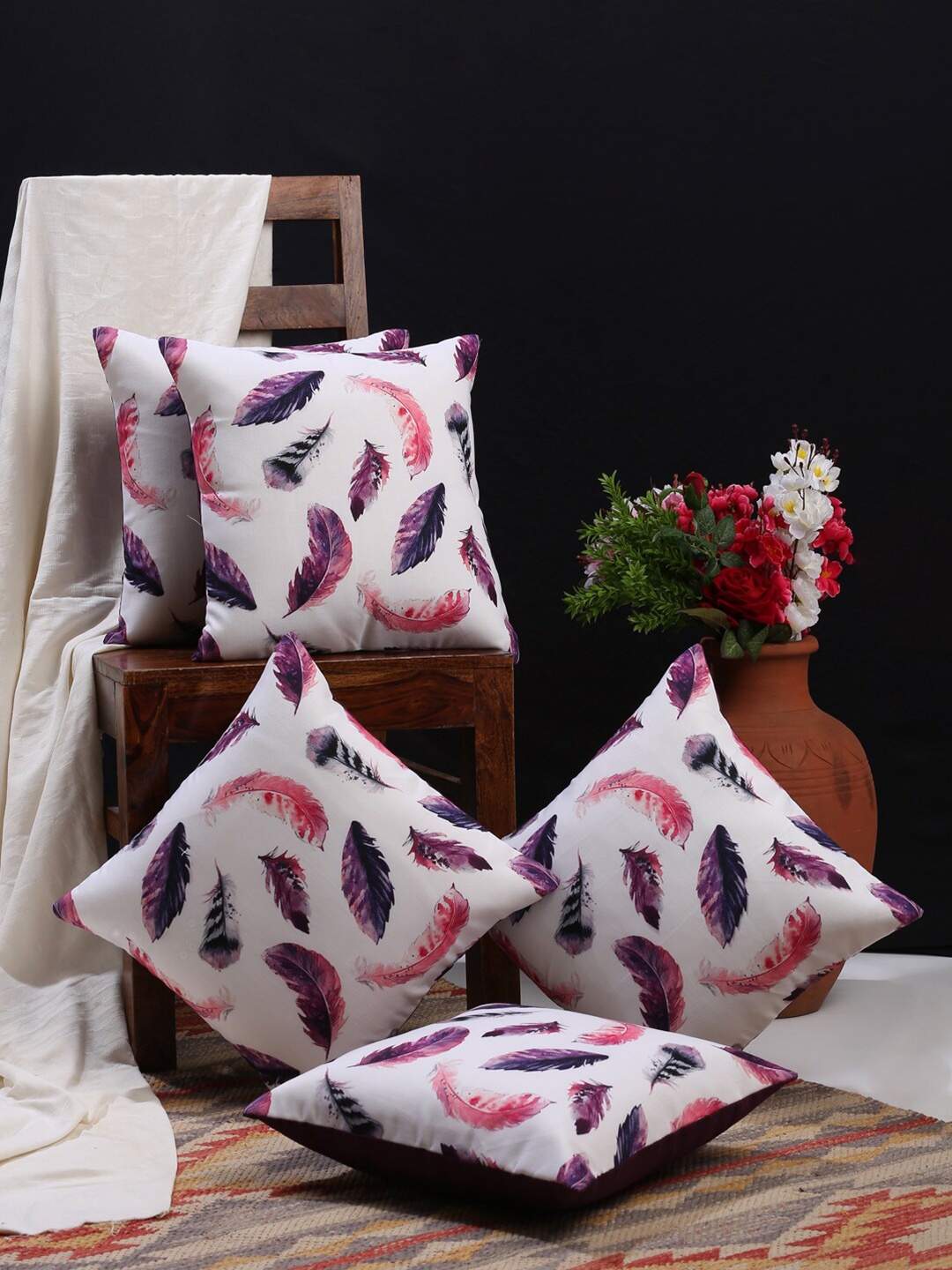 

HOSTA HOMES Purple & Pink Set of 5 Digital Feather Printed Cotton Square Cushion Covers