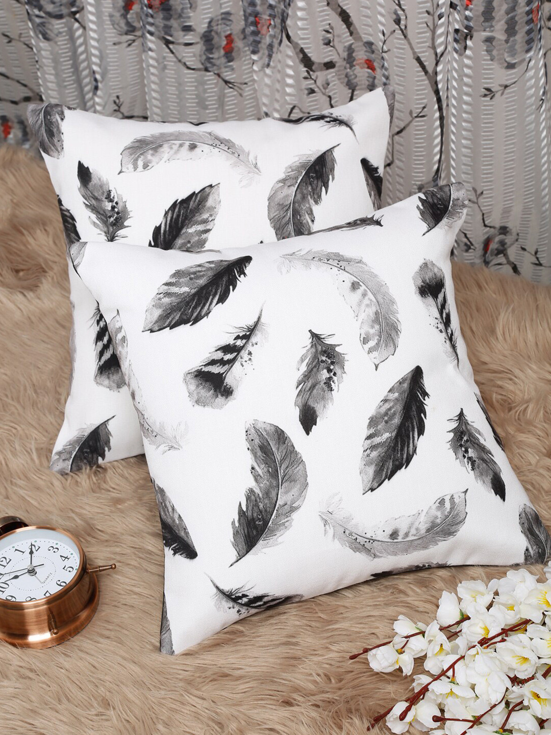 

HOSTA HOMES Black & White Set of 2 Feathers Square Cushion Covers
