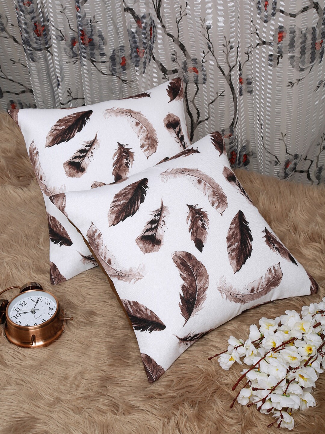 

HOSTA HOMES Set Of 2 White & Brown Feather Printed Cotton Square Cushion Covers