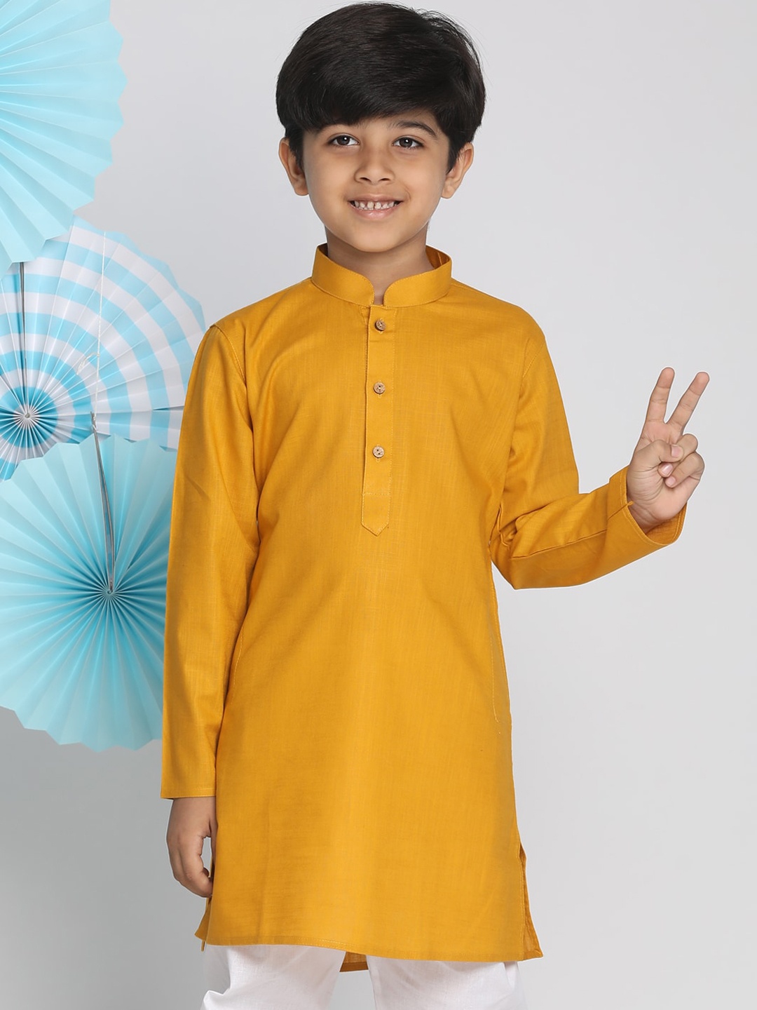 

VASTRAMAY Boys Mustard Yellow Cotton Mandarin Collar Kurta