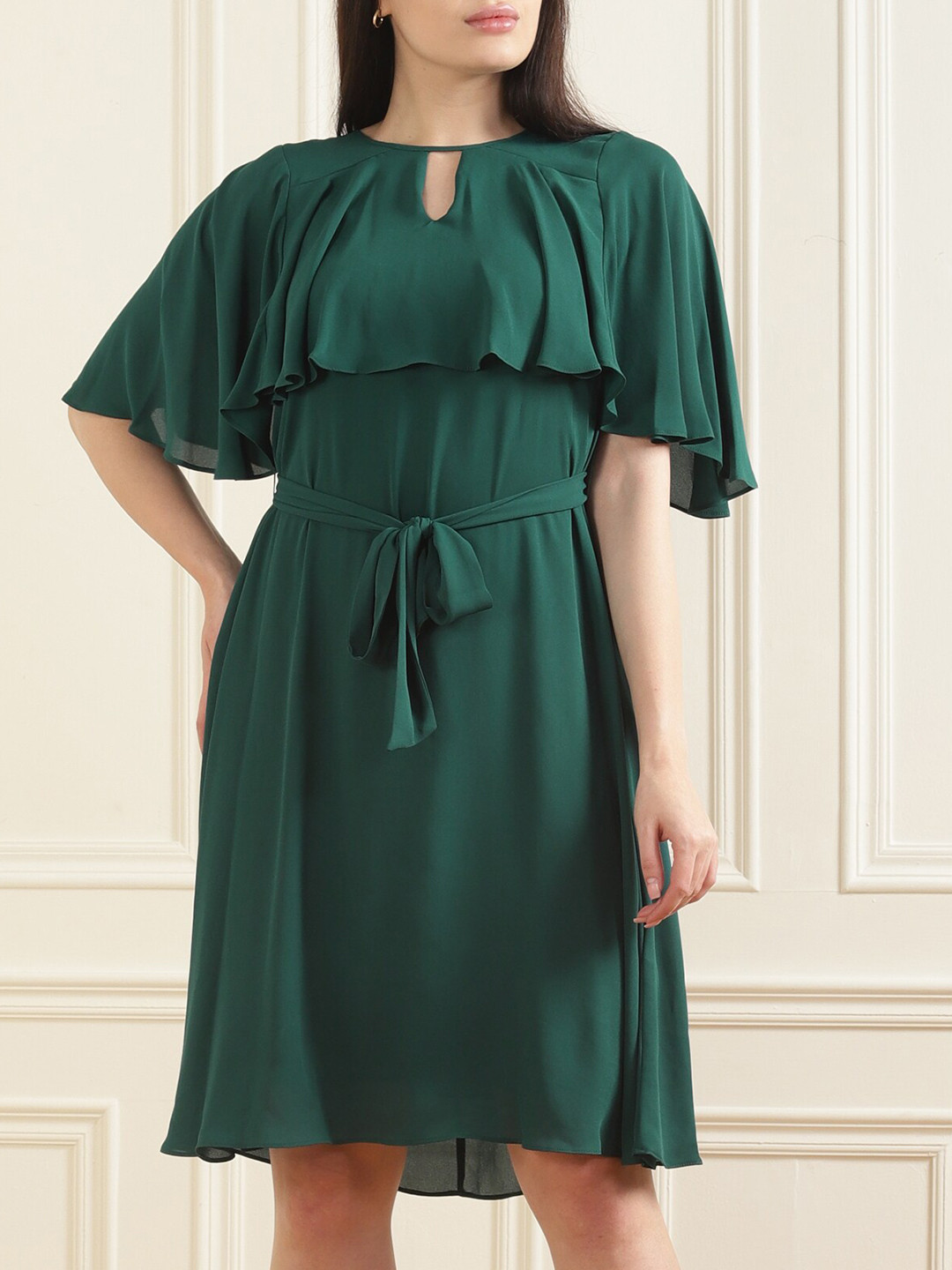 

Phase Eight Bottle Green Solid Keyhole Neck Cape Sleeves Tie-Ups Ruffled A-Line Dress, Gold