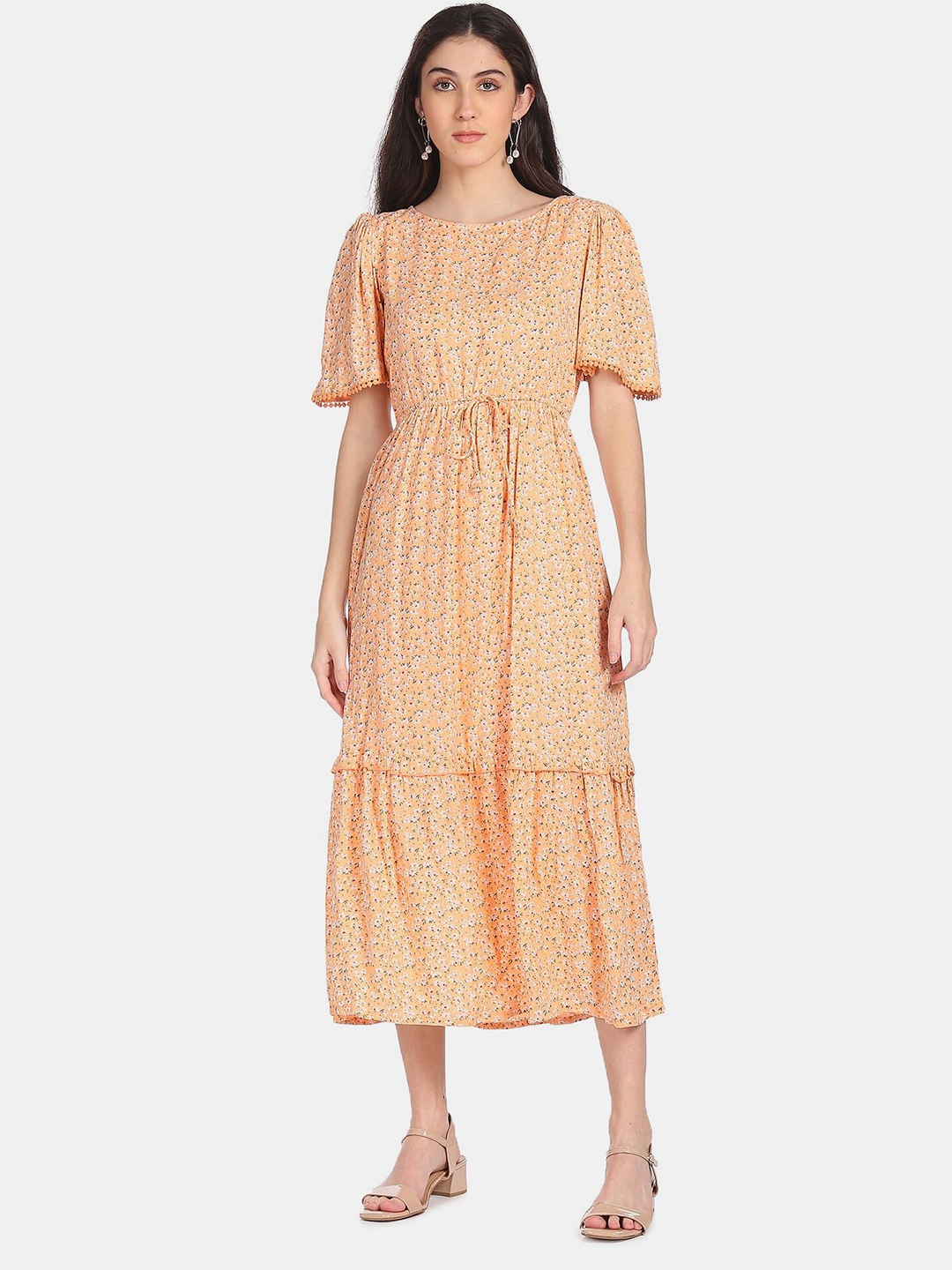 

Cherokee Orange & Off White Floral A-Line Midi Dress