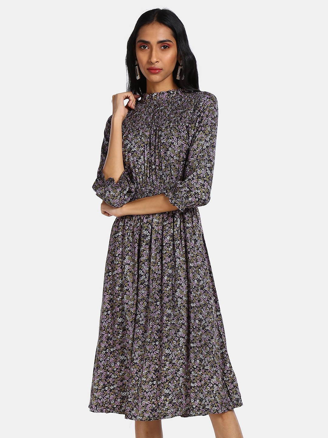 

Cherokee Navy Blue & Yellow Floral Midi Dress