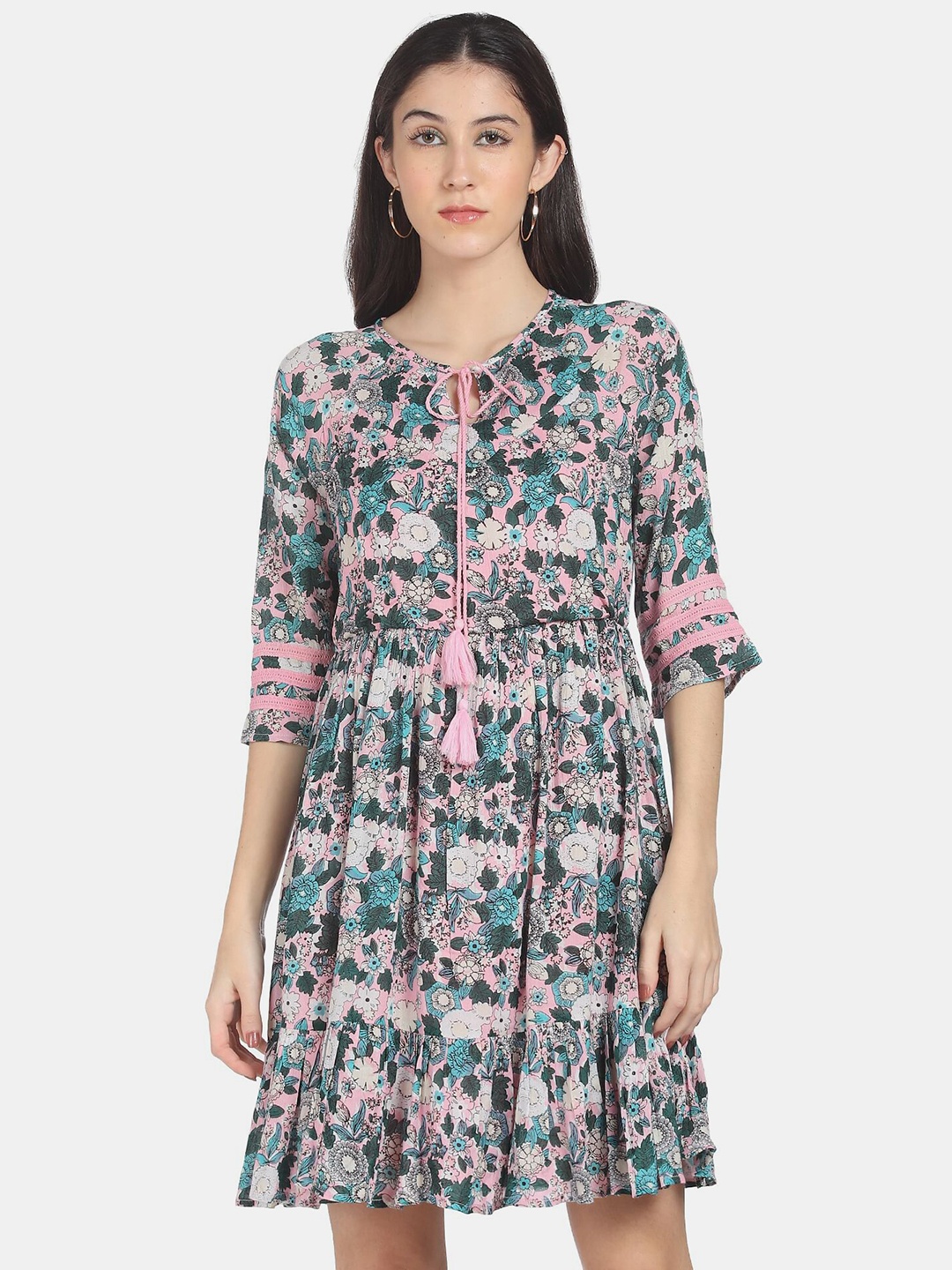 

Cherokee Pink Floral Printed Tie-Up Neck Dress