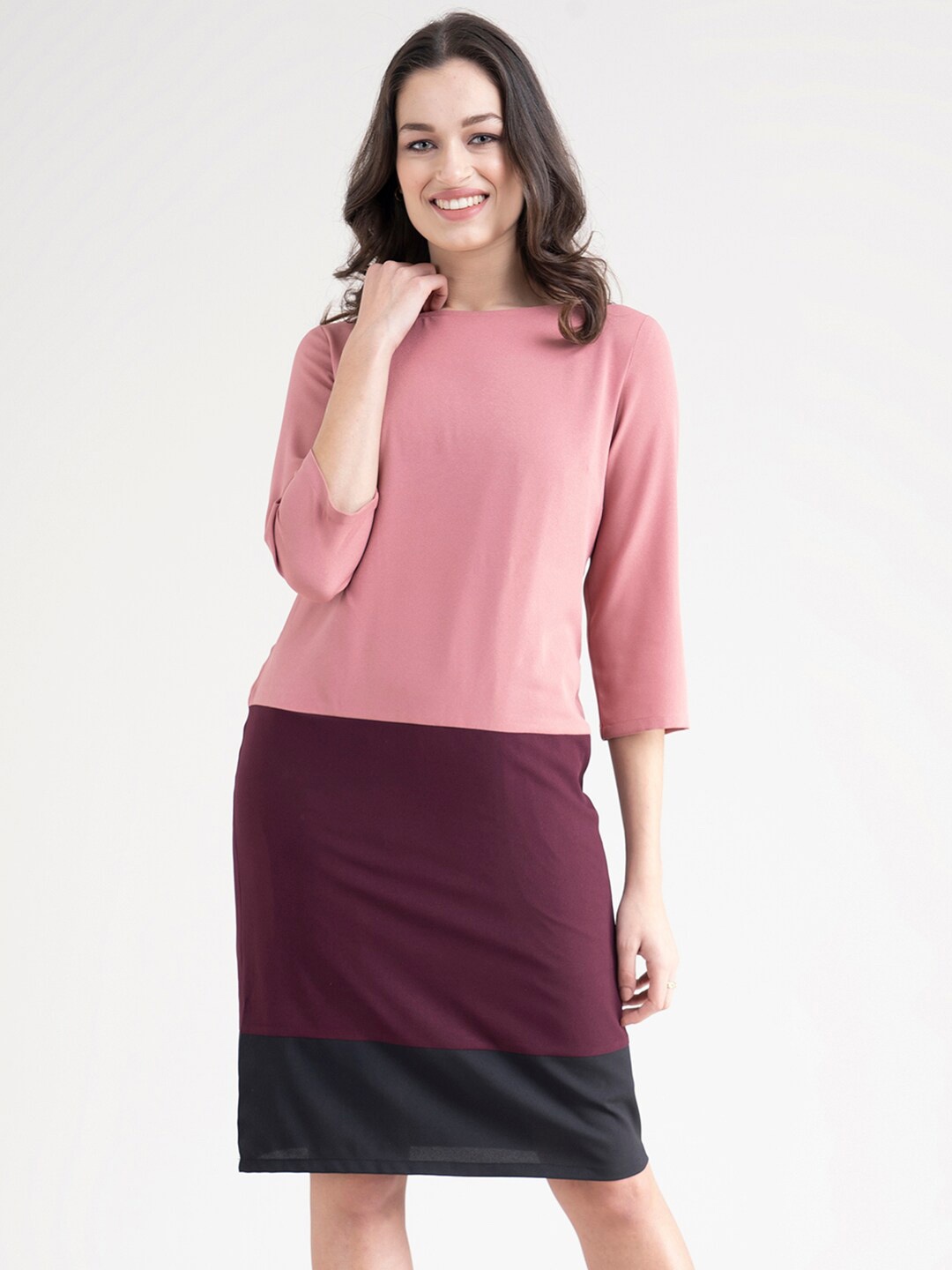 

FableStreet Women Pink & Maroon Colourblocked A-Line Dress