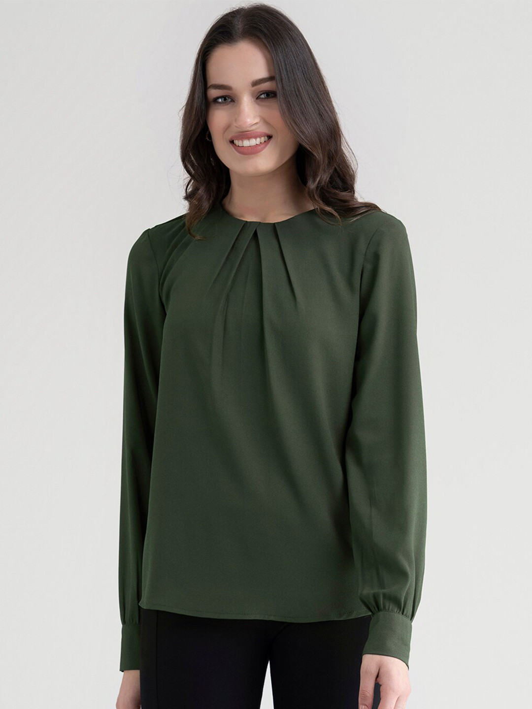 

FableStreet Olive Green Georgette Top With Pleat Detail
