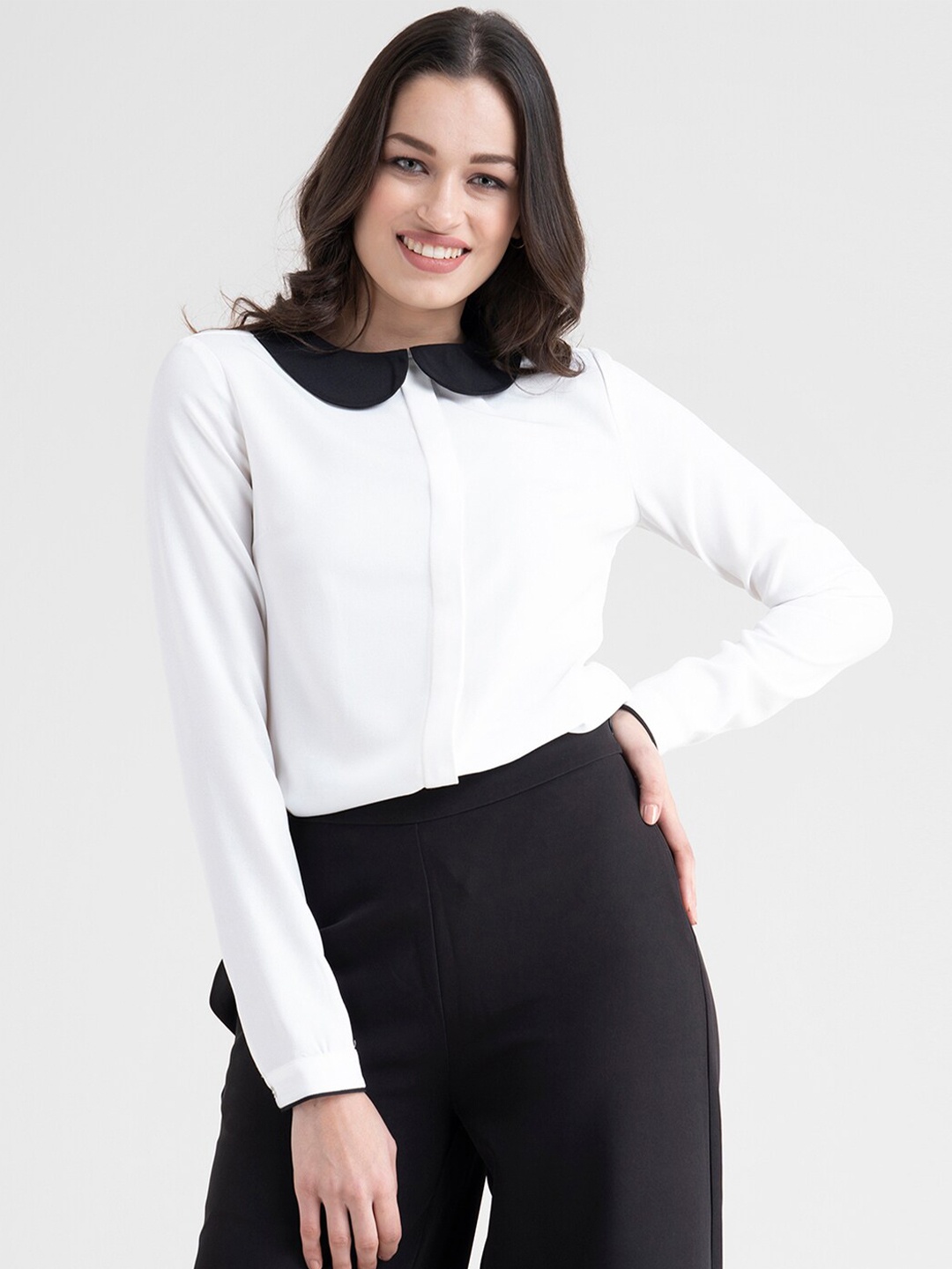 

FableStreet Women White & Black Comfort Peter Pan Collared Formal Shirt