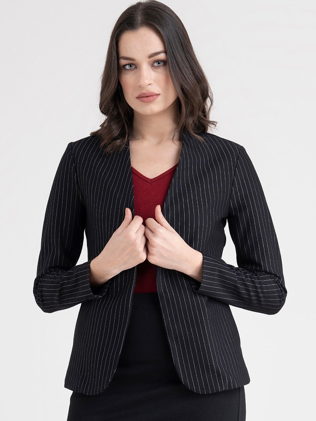 

FableStreet Women Black Striped Tailored Jacket