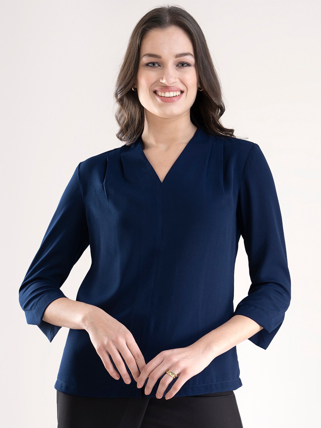 

FableStreet Navy Blue Georgette Top With Pleat Detail