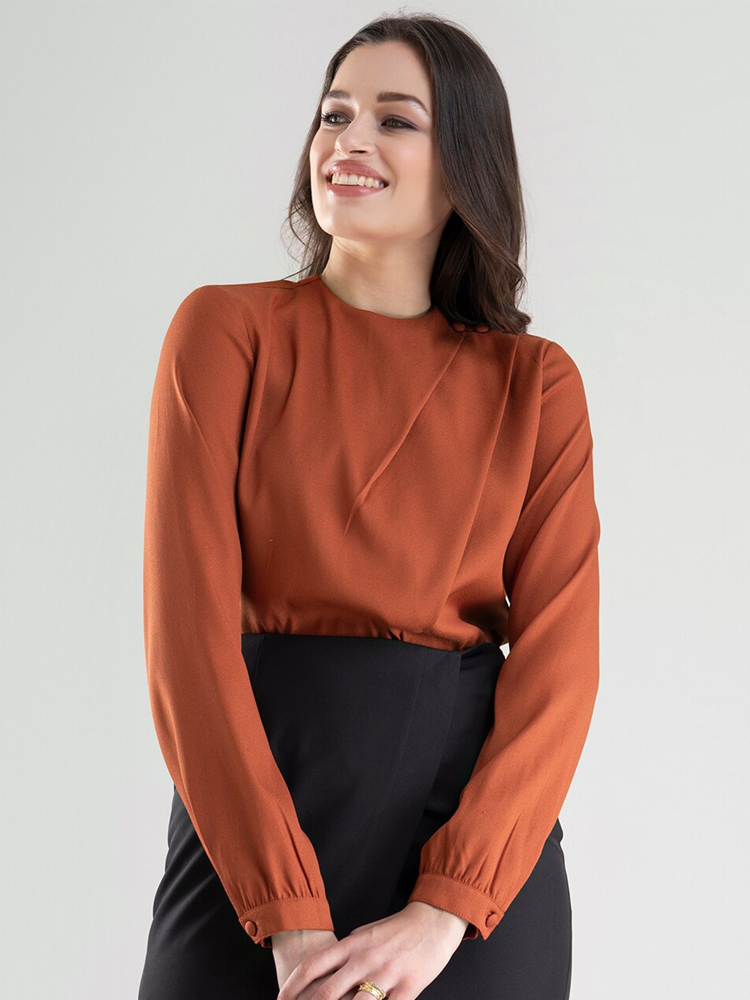 

FableStreet Women Rust Solid High Neck Top