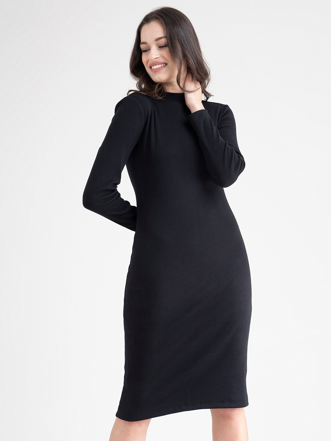 

FableStreet Black High Neck Ribbed Shift Dress
