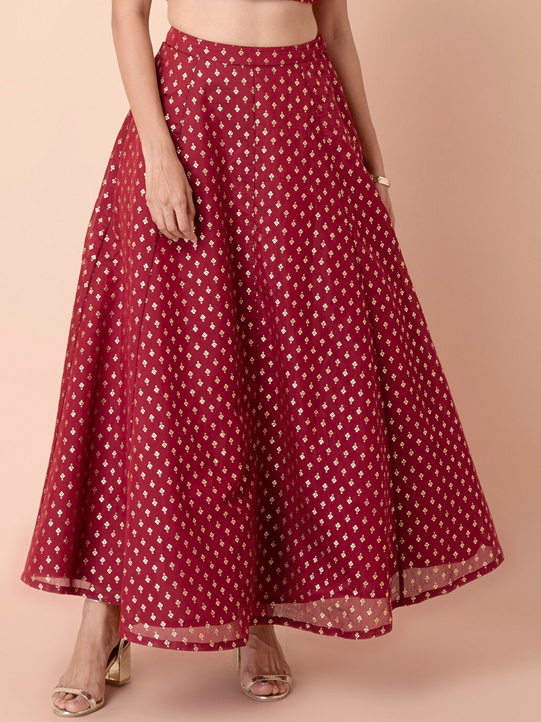 

INDYA Women Red & Gold Printed Flared Maxi Skirt