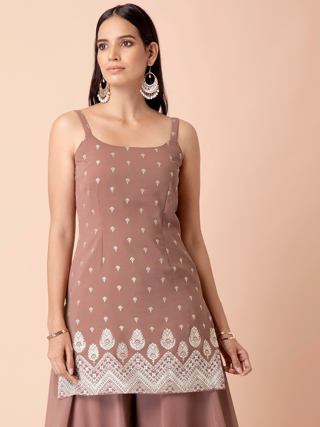 

INDYA Taupe & Off White Floral Printed Square Neck Kurti