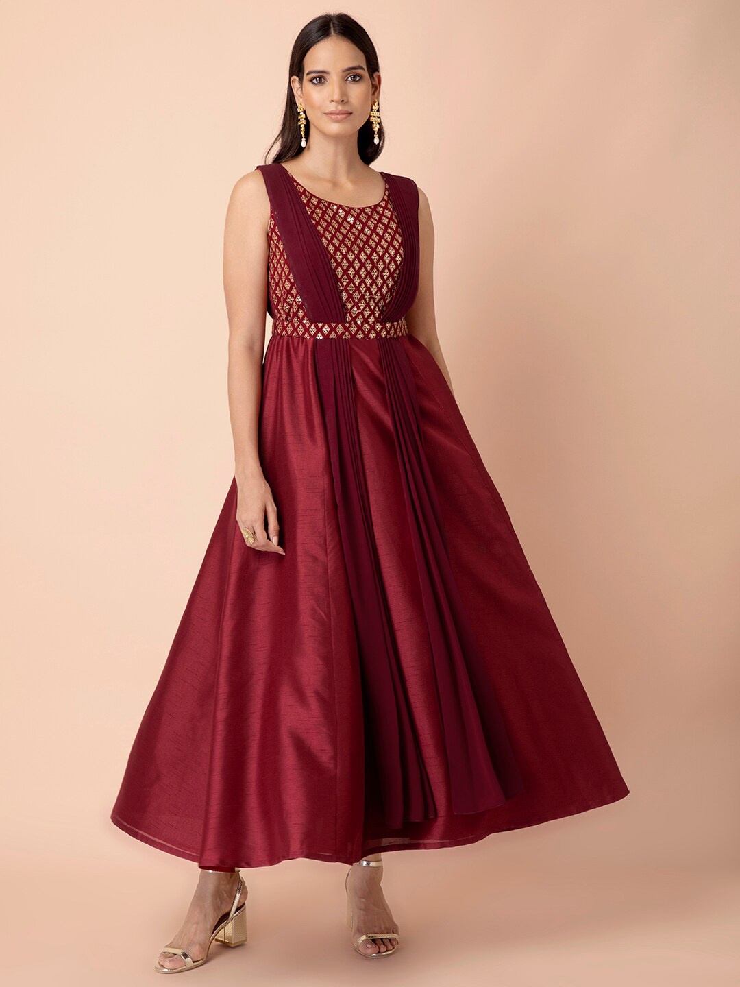 

INDYA Maroon & Gold-Toned Embellished Ethnic Maxi Dress
