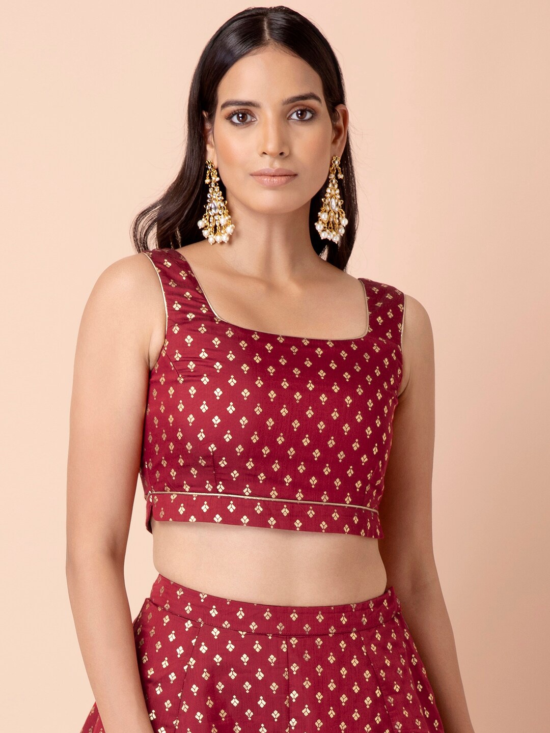 

INDYA Maroon Ethnic Motifs Printed Crop Top