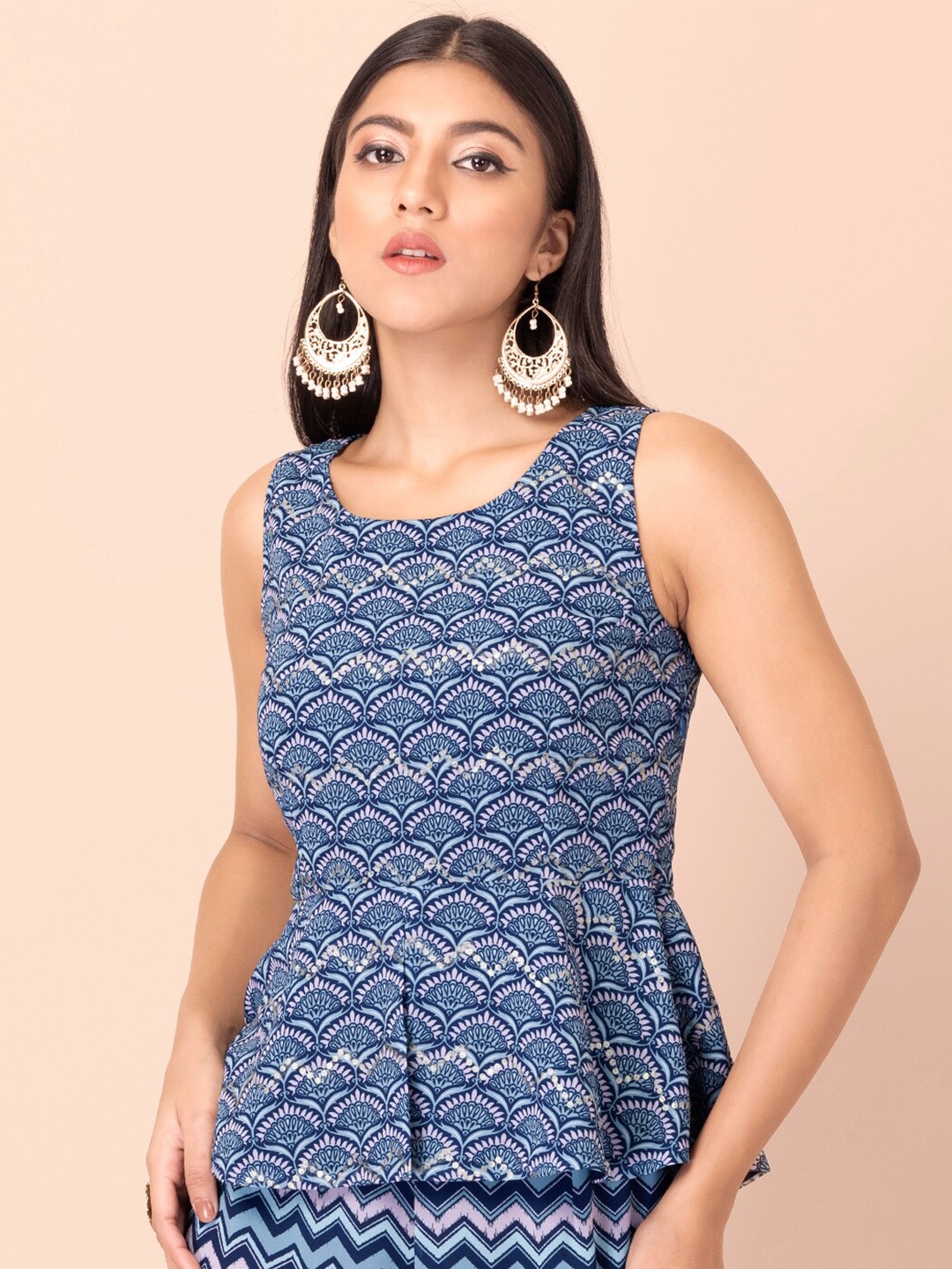 

INDYA Blue Geometric Print Georgette Peplum Top