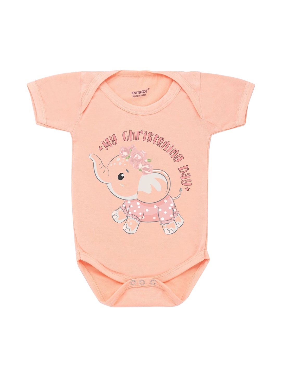 

KNITROOT Infants Peach Elephant Printed Chirstening Bodysuit