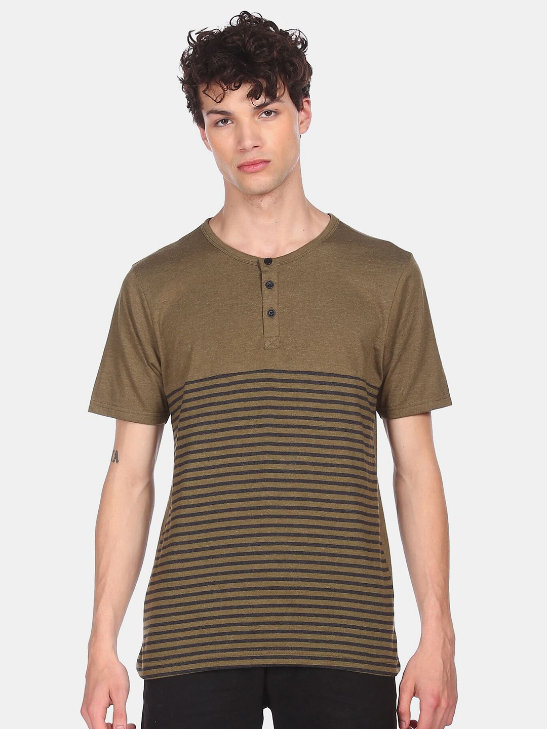 

Cherokee Men Olive Green Striped Henley Neck T-shirt