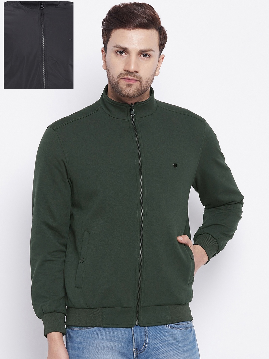 

Okane Men Olive Green Reversible Outdoor Bomber Jacket