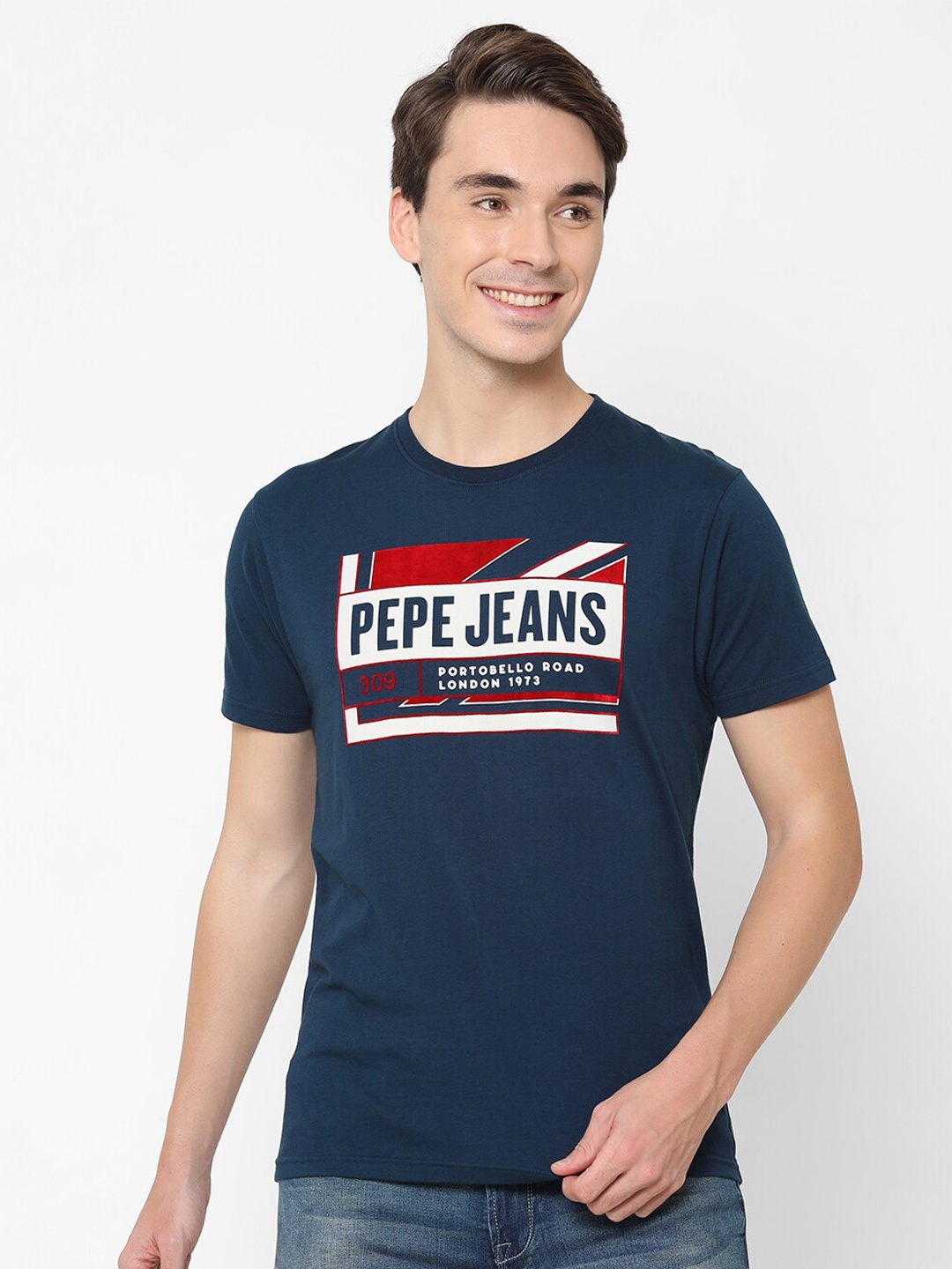 

Pepe Jeans Men Navy Blue & White Brand Logo Printed Slim Fit Pure Cotton T-shirt