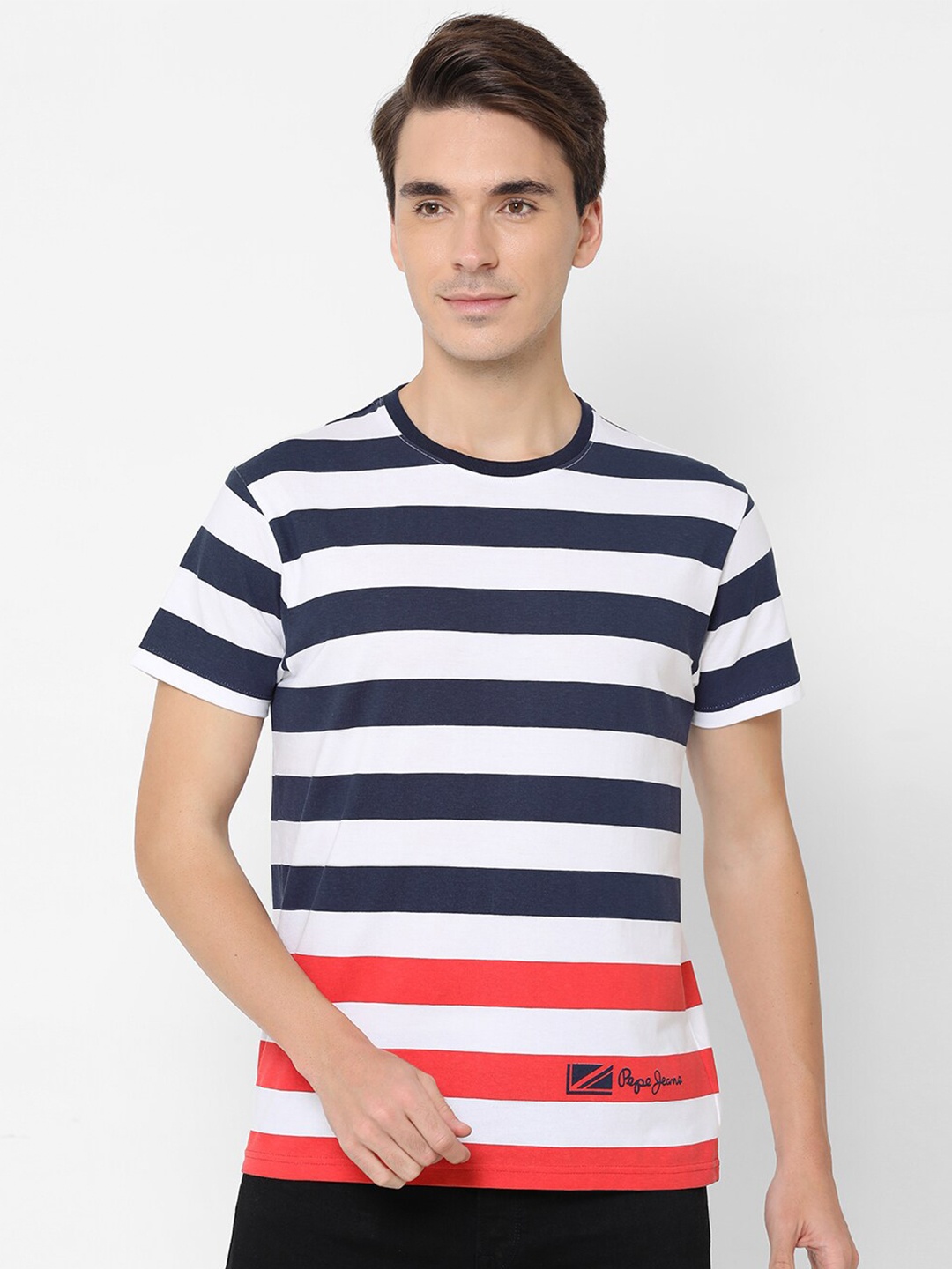 

Pepe Jeans Men White & Navy Blue Striped Slim Fit Pure Cotton T-shirt