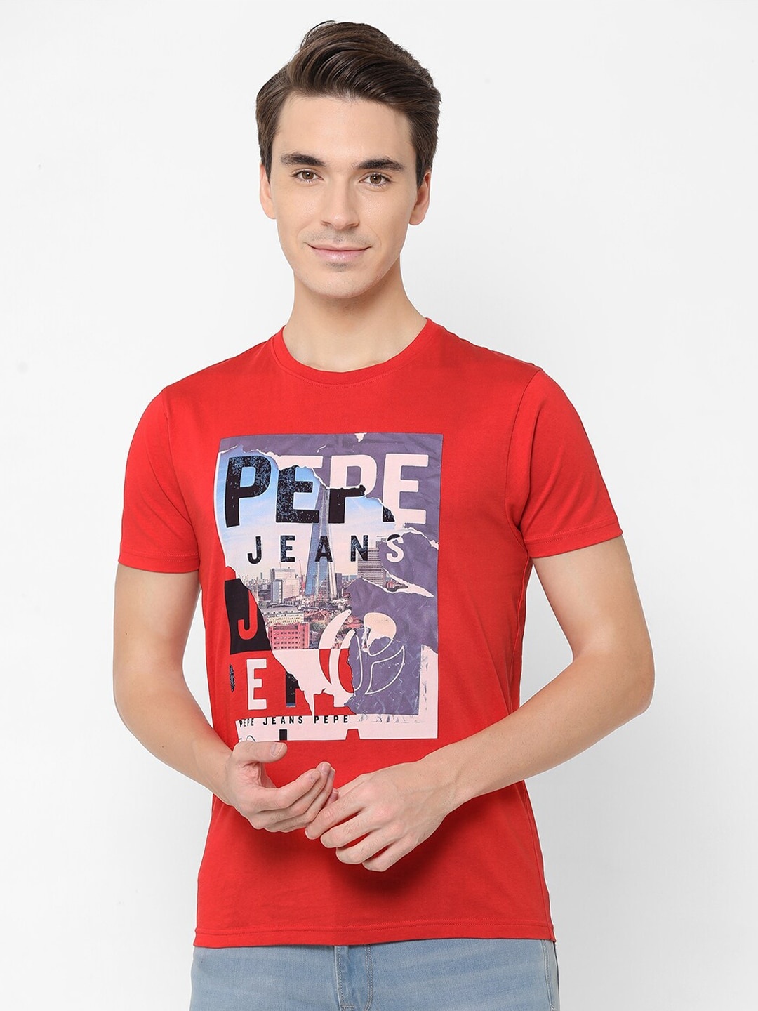 

Pepe Jeans Men Red & Blue Brand Logo Printed Slim Fit Pure Cotton T-shirt