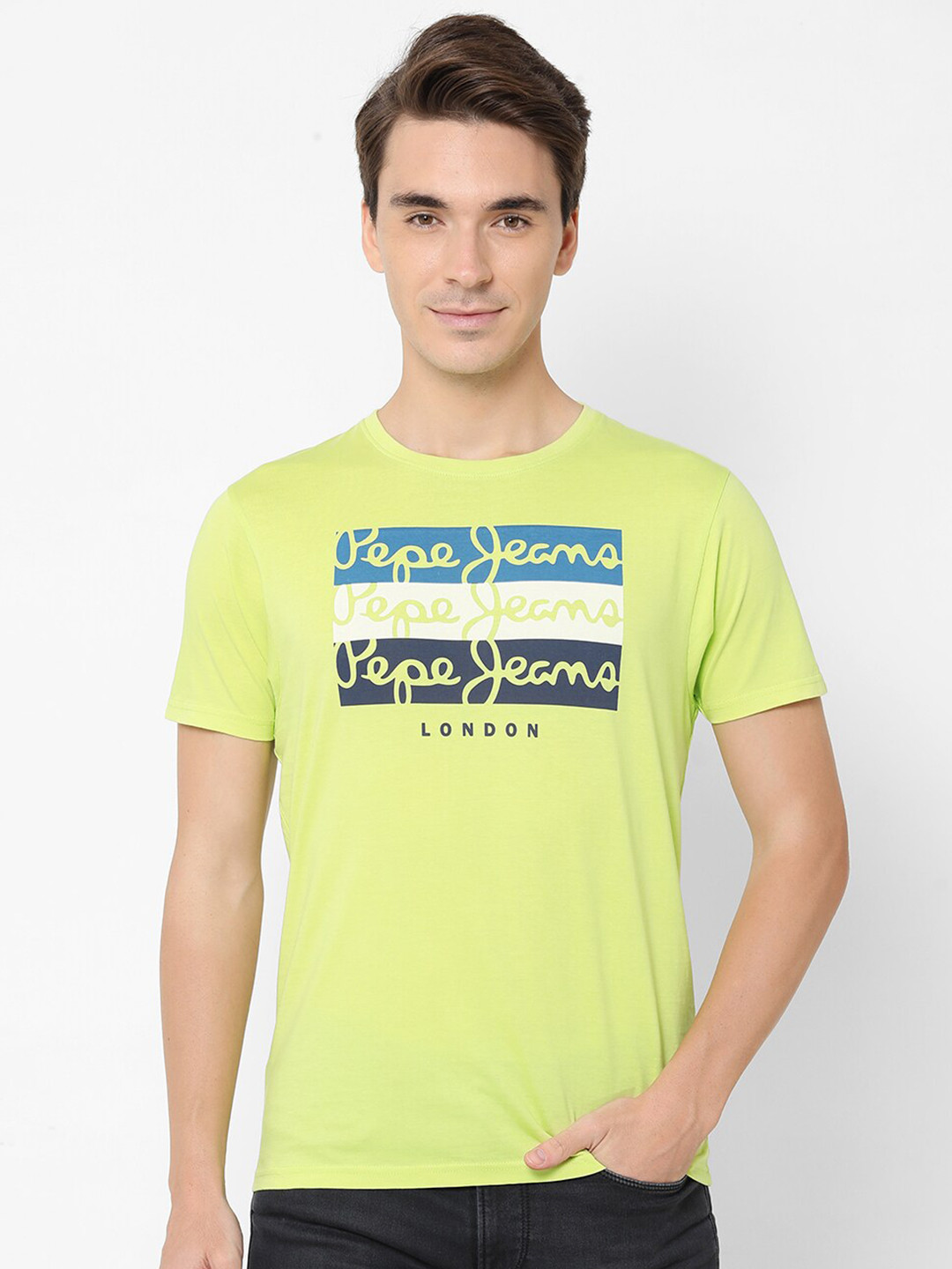 

Pepe Jeans Men Green & Blue Brand Logo Printed Slim Fit Pure Cotton T-shirt